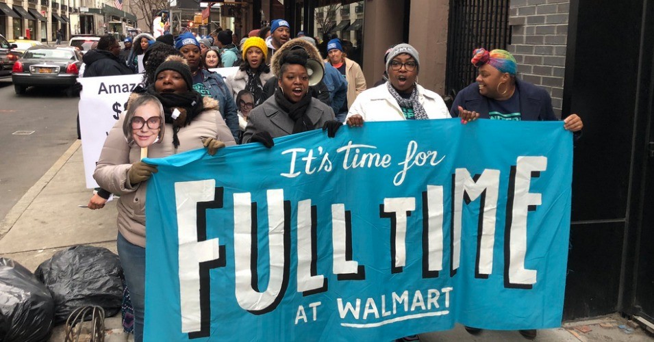Feb. 18: The labor rights group United for Respect led Walmart workers in a demonstration outside Walmart heiress Alice Walton's New York apartment, demanding a living wage and reliable working hours for all of the company's employees.